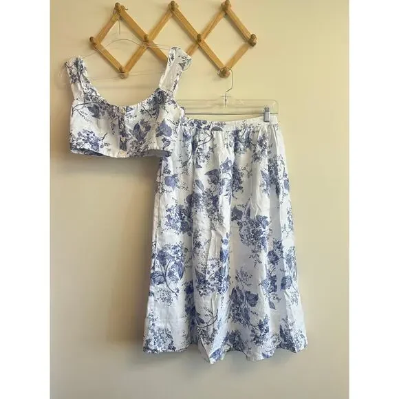 Reformation Teya Linen Two Piece Lupine Size 10 Skirt Crop Top Floral White Blue - Picture 16 of 16
